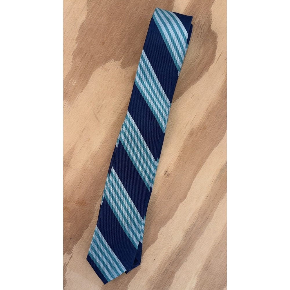J Crew Crewcuts 100% Silk Necktie Tie‎ Teal Navy Blue Striped Skinny 2 1/2 x 52
